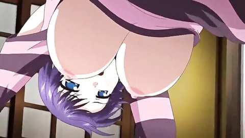 Purple-haired anime babe with huge tits in stockings rides cock hard