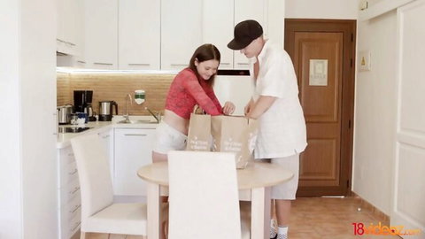 Matty petite teen bending over in kitchen shorts with badboy