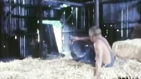 Blond cowboy shirtless in jeans on hay, barn scene