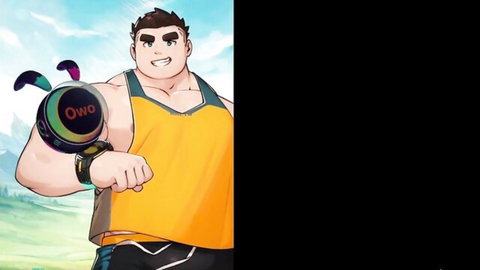 Muscular anime man flexing arm in orange tank top with OwO wristband