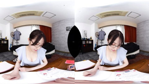 Asian woman with glasses in low-cut top showing cleavage, focused on papers