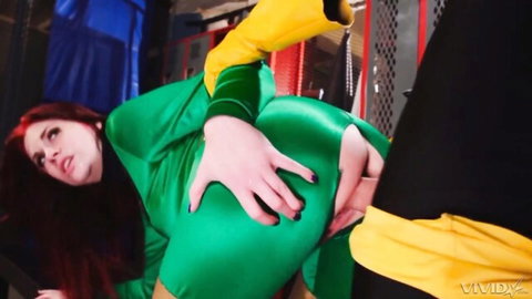 Andy San Dimas rides massive comic book-themed cock in green superhero suit