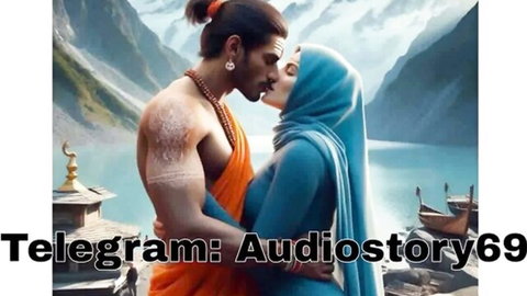 Indian couple in traditional attire kissing passionately by mountain lake