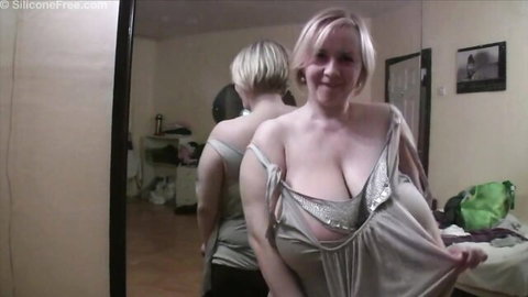 Ana Ukrainian mom with huge breasts slipping off gray dress in mirror