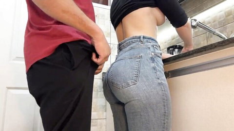 Curvy maid in tight jeans bends over sink as guy cums on her big ass in kitchen