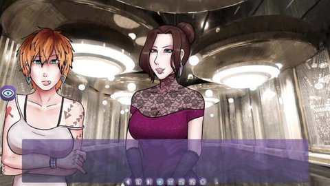 Tattooed redhead anime babe flashing underboob next to busty purple dress beauty in sci-fi hallway