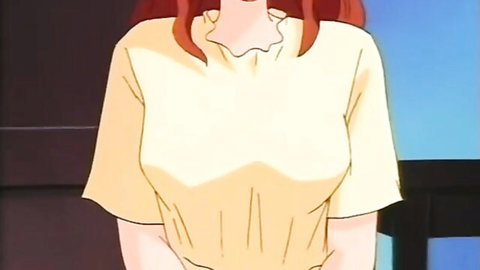 Anime redhead in yellow blouse showing deep cleavage