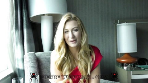 Blonde Alexa Grace in red top on casting couch interview