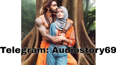 Passionate embrace of muscular Indian man and hijabi woman in forest setting