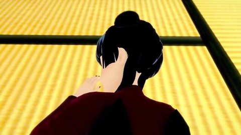 3D hentai Mai with black bun hair in red black outfit, passionate pose