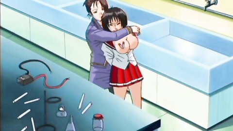Anime schoolgirl with big breasts groped by teacher in uniform hug