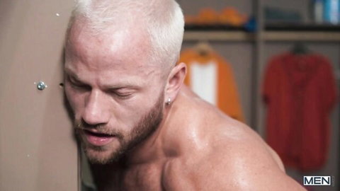 Dom King sweaty muscular pose in locker room, MEN gay scene with River North