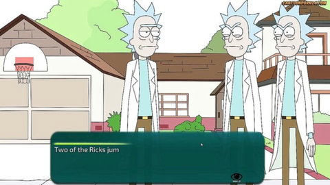 Three Rick clones in lab coats outside house, Rick and Morty animated porn parody