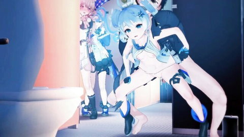 Wuthering Waves hentai: Youhu nude with blue hair in group bathroom sex scene