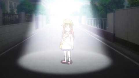 Anime girl in white dress and yellow hat on sunny path