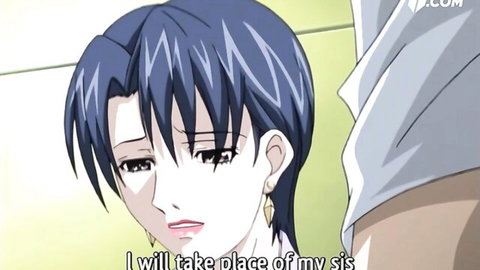 Blue-haired anime stepsister emotionally offers to replace sister in hentai family scene