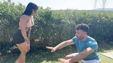 Valentina teases student Emmanuel outdoors in crop top and shorts