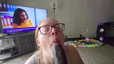 Blonde wife with glasses sucking huge black dildo solo