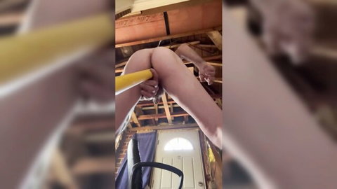 Batboy Leo solo masturbation with yellow dildo, legs spread wide
