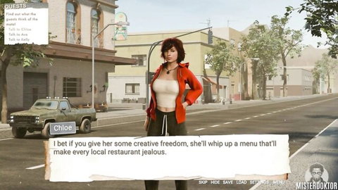 Redhead step-sister Chloe in casual cropped top, urban street scene from lesbian visual novel ep.7