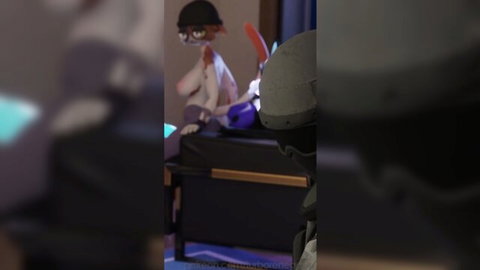 3D CGI fantasy couple in helmets with bunny-eared girl standing near bed