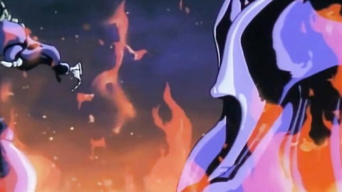 Hentai anime battle: green-haired busty girl kicks armored fighter in flames