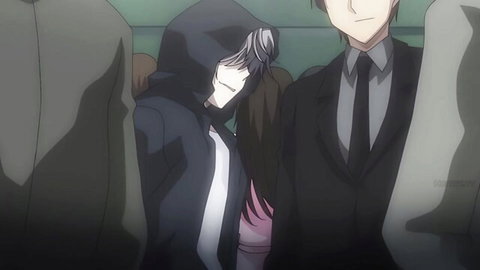 Anime hooded man groping girl in pink top on crowded train