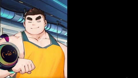 Muscular anime hunk in tight yellow singlet holding glowing orb with cute face, bulging pecs and abs in gym