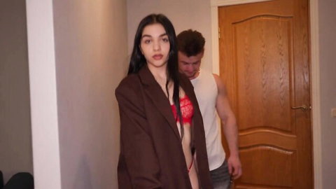 Hot Asian woman in open blazer and red lace bra with muscular man in her first porn debut