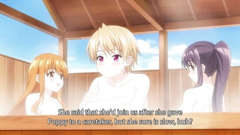 Busty orange-haired anime teen with cleavage chats with blonde guy and purple ponytail girl in outdoor pavilion hentai