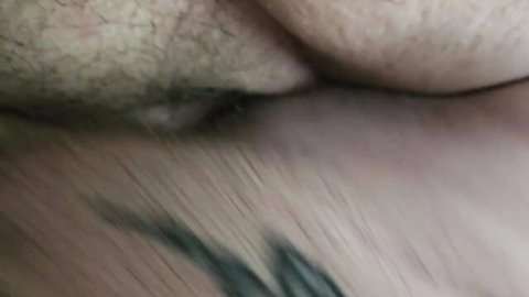 Close-up BBW MILF hairy pussy tattoo during intense vaginal pounding