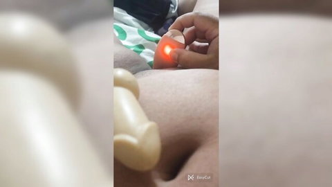 Blindfolded woman masturbating with dildo insertion closeup HD