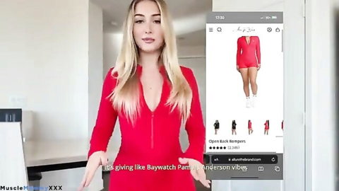 Blonde babe in tight red Baywatch bodysuit teases with Pamela Anderson vibes