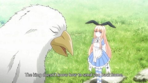 Anime catgirl in blue frilly dress talks to giant white bird in fantasy field