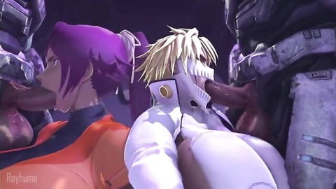 Tier Harribel and Yoruichi sucking cock in mecha suits hentai