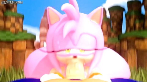 3D muscular Amy Rose slurps thick yellow cock POV with massive pink tits