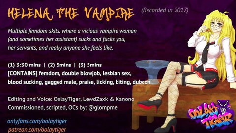 Blonde vampire schoolgirl in glasses and stockings seductively crosses legs in femdom fantasy promo art