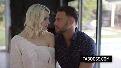 Kenna James in close intimate gaze with male partner, clothed teaser for Door-To-Door Insemination