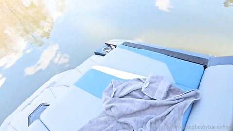 Sunny boat deck with towel for amateur couple POV sex on water