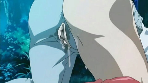 Blue-haired anime girl bent over, wet pussy dripping cum in hentai scene