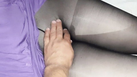 Husband gropes wife's stocking-clad thigh after arriving home from work