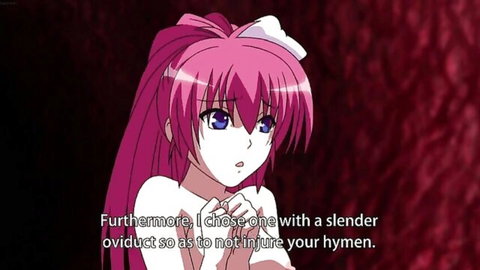 Pink-haired anime girl in white dress, surprised look in hentai scene