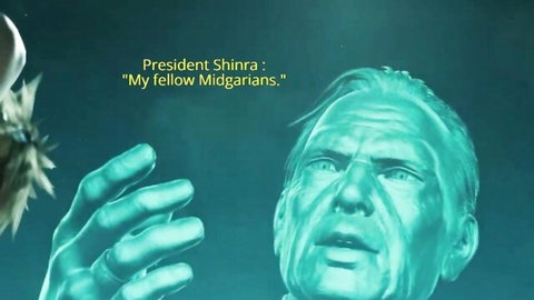 President Shinra addresses Midgar citizens in erotic fantasy parody scene