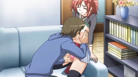 Hentai guy fingers anime schoolgirl's pussy under skirt while kissing her passionately on couch