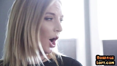 Blonde babe with mouth wide open ready for cumshot in bondage