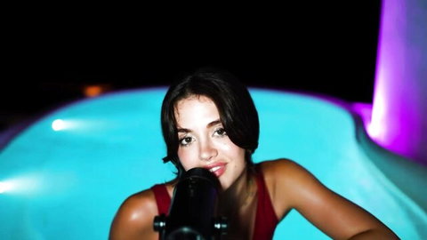 Emily Black ASMR in red bikini at hot tub, seductive girlfriend pose