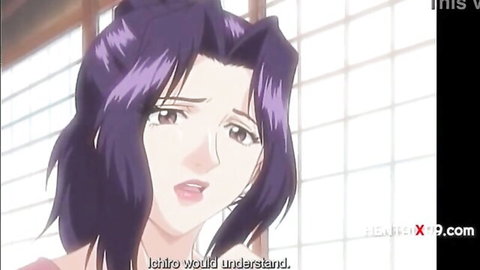 Purple-haired anime housewife with emotional expression in hentai corruption scene