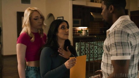 Blonde and brunette women with black man in interracial threesome preview