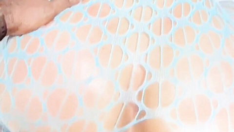 Dennyscobar1 in sheer blue fishnet lingerie with hand gripping her side