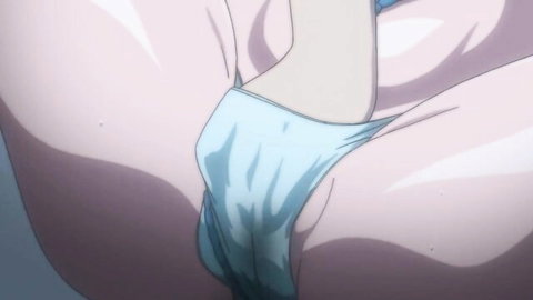 Pregnant anime girl bound in tight blue swimsuit, thighs gripped